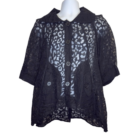 Black Sheer Lace Leopard Print Burnout Asymmetrical Big Button-Up Blazer Blouse - Picture 1 of 8